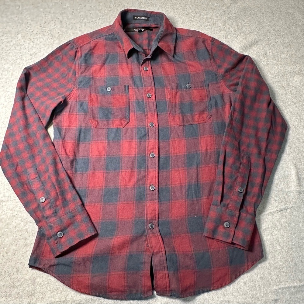 Carbon Mens Flannel‎ Shirt Medium Classic Fit Red Navy Buffalo Plaid Button Down